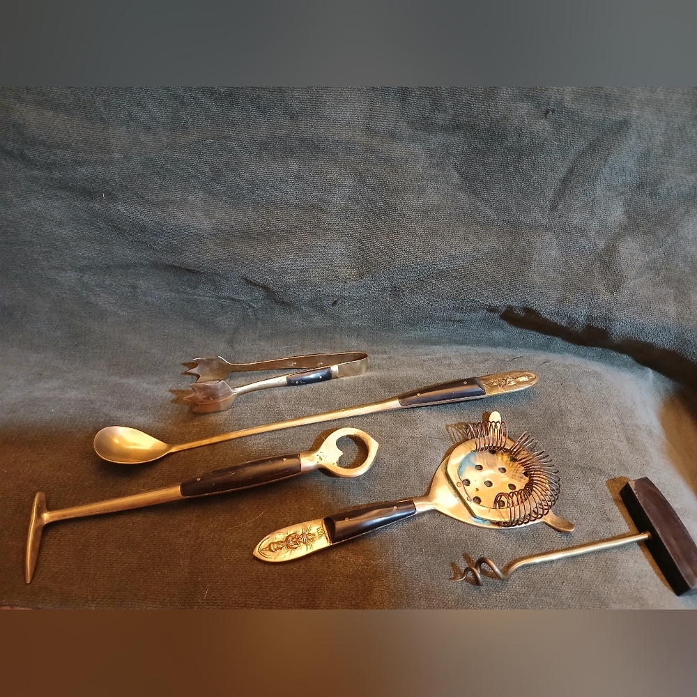 Vintage Bar Tool Brass Set with Black Handles